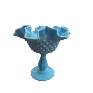 Fenton‎ Compote Blue & White Swirl Hobnail Slag Glass Ruffled Edge